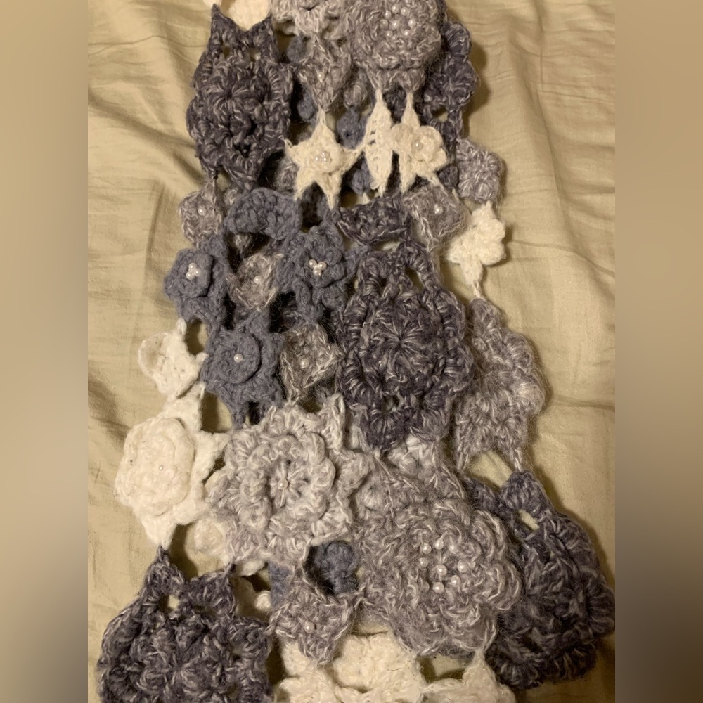 Novelty knit crochet scarf with pearl embellishment on floral designs